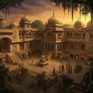 A majestic aerial view of ancient Jammu palace architecture with intricate Deva Dynasty details, featuring towering spires and golden domes against a dramatic sunset sky in deep saffron and purple hues. The palace walls showcase detailed Madhubani-style murals depicting royal court scenes. In the foreground, a grand stone courtyard with ornate pillars decorated with traditional Dogra motifs and patterns. Multiple levels of the palace connected by ceremonial staircases adorned with stone elephants and lions. Delicate stone jaali work casts intricate shadows. The scene is illuminated by warm, golden light with floating lotus petals and peacock feathers. Ancient banyan trees with hanging roots frame the composition. Indian nobles in historical Dogra royal attire walk through the courtyard. The artwork style combines hyperrealistic architectural details with ethereal lighting and traditional Indian art elements. Rich jewel tones of emerald, ruby, and sapphire in the architectural details contrast with the golden hour lighting. Floating mandalas and sacred geometry patterns subtly overlay the scene, adding a mystical quality.
