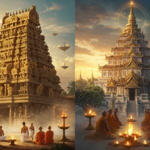 A majestic split-screen composition showing two grand temples - on the left, a towering South Indian Devasthanam temple with intricate Dravidian architecture in golden-honey tones, featuring multiple tiers of carved gopurams adorned with detailed sculptures of deities, elephants, and celestial beings; on the right, a stunning Thai temple with gleaming golden spires and traditional Thai architectural elements, featuring dramatic sweeping rooflines and mirror-mosaic decorations. The temples are connected by a ethereal bridge made of floating lotus flowers and swirling golden light. In the foreground, two groups of devotees - Indian pilgrims in traditional attire on the left and Thai Buddhist monks in saffron robes on the right - perform respective worship rituals. The scene is illuminated by a combination of warm sunrise light and spiritual aura, with gentle rays filtering through clouds. Floating diyas and glowing mandalas surround both temples. The art style merges hyperrealistic architectural details with mystical elements, using a rich color palette of deep maroons, royal blues, and radiant golds. Intricate Madhubani-style patterns frame the entire composition, while modern lighting techniques create a cinematic atmosphere. Soft mist surrounds the temple bases, creating a timeless, ethereal quality.
