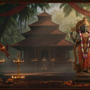 A majestic Kerala-style temple architecture with distinctive red-tiled sloping roofs and golden kodimaram (flagstaff) emerges from a misty tropical landscape filled with coconut palms. In the foreground, a serene stone-carved goddess Devi idol in traditional Kerala temple sculpture style, adorned with fresh jasmine garlands and traditional Kerala temple jewelry. The Devi has four arms, holding lotus, conch, discus, and blessing mudra. The scene is illuminated by traditional brass nilavilakku (oil lamps) creating a warm, golden glow. Intricate Madhubani-style patterns frame the scene, featuring peacocks, lotus motifs, and traditional Kerala mural art elements in deep maroon, forest green, and gold colors. Soft rays of evening sunlight filter through the temple's ornate wooden architecture, creating ethereal light beams. Sacred banyan trees with hanging roots frame the temple, decorated with red and gold cloth. The atmosphere is mystical with subtle wisps of incense smoke, and scattered marigold and lotus petals on the ground. The art style combines hyperrealistic digital rendering with traditional Kerala temple art aesthetics, creating a dreamlike yet authentic atmosphere. Cinematic lighting emphasizes the divine ambiance.