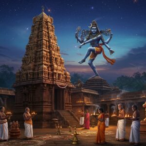 A majestic night scene of the ancient Naguleswaram Temple illuminated by traditional oil lamps and moonlight, with Lord Shiva in his cosmic dance pose as the central focus, 8 feet tall, four arms holding damaru, agni, abhaya mudra, and dancing pose. The temple architecture features intricate Dravidian style with detailed stone carvings and golden temple spires against a deep blue-purple sky filled with twinkling stars. In the foreground, devotees in traditional Tamil attire perform elaborate puja rituals with brass lamps and flower offerings. Sacred Nandi bull in polished black stone seated facing the temple entrance. Smoke from camphor and incense creates a mystical atmosphere with soft golden halos around the lamps. The scene includes detailed kolam patterns drawn with rice flour leading to the temple entrance, fresh jasmine and lotus garlands decorating the doorways. Modern LED lighting subtly highlights the ancient architecture while maintaining the traditional ambiance. Art style combines hyperrealistic digital rendering with traditional Indian Thanjavur painting elements, featuring rich gold accents and jewel tones of deep maroon, royal blue, and saffron. The overall composition creates a seamless blend of ancient spirituality and modern aesthetics.