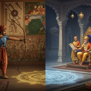 A majestic scene depicting an ancient Indian royal court with two distinct halves - warfare and governance. On the left, a skilled warrior in traditional armor demonstrates archery techniques from Dhanurveda, wielding an ornate golden bow with intricate Sanskrit inscriptions. Behind him, detailed wall paintings showcase various ancient Indian weapons and combat formations in Madhubani art style. On the right, a wise minister presents scrolls to a regal king seated on an elaborate peacock throne, representing Arthashastra's governance principles. The throne room features grand marble pillars with detailed carvings of peacocks and lotus motifs. The scene is illuminated by golden light filtering through ornate jharokhas (traditional windows). Both halves are connected by a central mandala pattern on the floor, glowing with ethereal blue light. In the background, detailed miniature scenes show military training camps and royal council meetings in Pattachitra style. The color palette consists of royal blues, deep maroons, burnished gold, and ivory, with subtle spiritual symbols and geometric patterns woven throughout the architecture. The scene carries a harmonious blend of power, wisdom, and ancient Indian heritage.