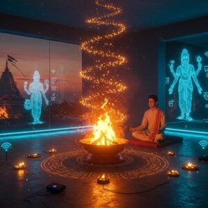 A mesmerizing scene of a traditional sacred fire (dhuni) in a modern minimalist meditation space, with polished concrete floors and glass walls. The dhuni burns in a sleek copper fire pit with geometric Vedic patterns. Glowing orange-gold embers rise spirally into the air, transforming into ethereal digital particles. A young Indian meditation practitioner in contemporary white kurta sits cross-legged near the fire, while holographic representations of ancient rishis appear in subtle transparency behind them. Sacred Sanskrit symbols float as light projections around the space. The scene is illuminated by both the warm light of the dhuni and cool blue LED ambient lighting. Smoke forms intricate Madhubani-style patterns in the air. Modern IoT sensors with subtle golden glow are discreetly placed around the fire pit. The background features a large window showing a modern cityscape at dawn, where traditional temple spires blend with futuristic buildings. Art style combines hyperrealism with magical realism, featuring rich maroons, saffron, and electric blue accents, rendered in high-end digital art style with dramatic lighting and atmospheric effects.