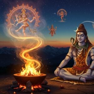 A mystical scene depicting Lord Shiva seated in deep meditation near a glowing dhuni (sacred fire pit) emanating golden-orange flames that spiral upward forming ethereal patterns. Shiva has ash-covered skin, matted locks with crescent moon, third eye, cobra around neck, and holds a trishul in one hand and damaru in another. The fire pit features intricate Madhubani-style patterns carved on its stone edges. Behind him, a translucent Nataraja form dances within the rising smoke, created in modern digital art style with flowing motion lines. The background shows the Himalayas at twilight with stars twinkling like diamonds. Multiple smaller sacred fires float in the air, each containing miniature visions of different deities - Agni Dev with two heads and seven tongues of flame, Goddess Parvati holding a lotus, and Lord Vishnu with his chakra. Soft blue and gold aura surrounds the entire scene. The artwork combines traditional Pattachitra patterns with contemporary digital lighting effects, creating a harmonious blend of ancient and modern aesthetics. The atmosphere is serene yet powerful, with subtle mandala patterns in the smoke and hints of sandalwood incense swirls.