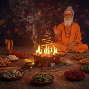 A serene evening scene featuring a beautifully arranged traditional dhuni (sacred fire pit) in the foreground, emitting ethereal golden-orange flames and spiral wisps of aromatic smoke. Around the dhuni, arranged in a mandala pattern, are traditional ingredients: sandalwood chips, ghee in a brass vessel, camphor crystals glowing with a subtle blue aura, dried tulsi leaves, and fragrant resin pieces. Each ingredient emanates a distinct colored aura - saffron for sandalwood, pearl white for camphor, emerald green for tulsi. A elderly Indian sadhu with silver-white beard, wearing saffron robes, sits peacefully behind the dhuni, his hands in mudra position. The background features intricately detailed Madhubani-style patterns of peacocks and lotus flowers in deep indigo and gold. Soft, mystical light bathes the scene, creating a dreamy atmosphere with floating particles of light. The overall color palette includes deep maroons, burnt orange, saffron, and touches of celestial blue. Style: Photorealistic digital art with traditional Indian art elements, cinematic lighting, high detail, volumetric lighting, magical realism.