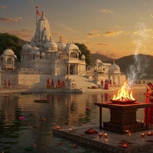 A majestic ancient temple complex nestled in the hills of Udaipur, illuminated by the warm golden light of sunset. The temple architecture features intricate Rajasthani carved marble walls, ornate domes, and detailed jharokhas. A sacred eternal flame (dhuni) glows prominently in the foreground, casting mystical orange-red reflections on the white marble structure. Traditional Rajasthani women in vibrant ghagra cholis (red, orange, and yellow) offering prayers near the flame. The scene is surrounded by peaceful Lake Pichola waters reflecting the temple's grandeur. Floating lotus flowers and diyas in the water add spiritual ambiance. In the background, the Aravalli hills create a dramatic silhouette. The art style combines traditional Rajasthani miniature painting techniques with modern digital art, featuring rich jewel tones, intricate patterns, and a ethereal glow. Soft smoke wisps from the dhuni create a mystical atmosphere, with small sparkles of light scattered throughout the scene. The overall composition emphasizes both the architectural grandeur and the spiritual significance of the temple.