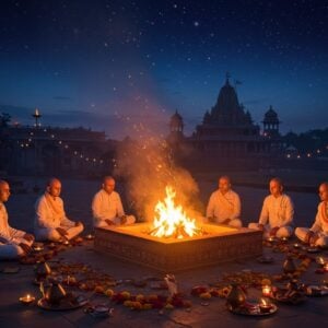 A serene nighttime scene showing an illuminated ornate dhuni (sacred fire pit) in the center, with swirling ethereal smoke patterns forming mystical mandalas in deep indigo sky. A group of Indian devotees in traditional white attire sit around in meditation, their faces softly lit by the golden flames. The fire pit features intricate Madhubani-style decorative patterns carved into its stone structure. Scattered marigold flowers and sacred herbs surround the dhuni. In the background, a beautiful ancient Indian temple architecture silhouette with detailed spires merges with starlit sky. The scene combines warm oranges and golds from the fire with cool blues and purples of the night sky. Glowing embers float upward, creating a magical atmosphere. The art style blends traditional Indian Pattachitra techniques with modern digital art, emphasizing dramatic lighting and atmospheric effects. Small oil lamps create a circle of light around the gathering, and subtle symbols of divinity appear in the smoke patterns.