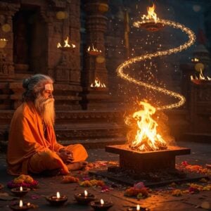 A serene nighttime scene featuring a wise Indian saint with long silver-white matted hair and beard, dressed in saffron robes, sitting cross-legged in deep meditation before a sacred dhuni (eternal fire) emanating golden-orange flames. The fire casts mystical shadows and warm light on his peaceful face. Around him, spiraling smoke patterns form ethereal mandalas in the air, merging traditional Madhubani patterns. The background shows a ancient stone temple structure with intricate carvings. Small floating diyas and glowing embers surround the scene. The color palette focuses on deep oranges, rich maroons, and midnight blues, with golden accents. Scattered offerings of flowers, particularly marigolds and lotus, lie near the dhuni. The overall composition has a supernatural, mystical quality with soft light orbs and subtle energy patterns flowing through the smoke. Style combines hyperrealistic digital art with traditional Indian art elements, emphasizing the spiritual atmosphere through ethereal lighting and detailed textures.