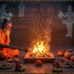 A serene evening scene with a glowing sacred fire (dhuni) as the focal point, emitting ethereal golden sparks and swirling smoke patterns in intricate mandala designs. A wise-looking Indian sadhu with traditional vibhuti markings, flowing white beard, and saffron robes tends to the fire using sacred wooden implements. Around the fire, precisely arranged medicinal herbs, sandalwood pieces, and ghee vessels with Madhubani-style decorative patterns. The background features a stone temple wall with ancient Sanskrit engravings illuminated by the fire's warm glow. Floating above the scene are translucent, ethereal figures depicting physical and mental well-being through peaceful expressions and meditative poses. The color palette combines deep oranges and reds from the fire with peaceful blues and purples in the background smoke. Intricate Pattachitra-style border patterns frame the scene, featuring small lotus motifs and healing herbs. The overall atmosphere is mystical and peaceful, with soft particle effects and a subtle golden aura surrounding the dhuni.