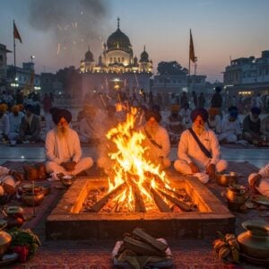 A sacred fire pit (dhuni) emanating mystical orange and golden flames against a twilight backdrop, surrounded by elderly Punjabi men with flowing white beards wearing traditional white kurtas and vibrant blue turbans, sitting cross-legged in deep meditation. The flames create intricate patterns in the smoke that form subtle mandala designs in the air. Traditional brass utensils and offerings of ghee, wood, and sacred herbs are placed nearby. The scene is illuminated by the warm glow of the dhuni, casting long shadows and creating a dramatic interplay of light. In the background, a historical Punjabi village architecture with mud houses and a prominent Gurudwara dome is visible. Intricate Phulkari patterns float ethereally in the smoke. The art style combines photorealistic textures with magical realism, featuring a color palette of deep oranges, royal blues, earthy browns, and spiritual gold. The atmosphere captures both the mystical and communal aspects of the tradition, with soft particle effects for the rising embers and smoke.
