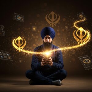 A serene young Sikh person in contemporary clothing sitting cross-legged in meditation pose, illuminated by soft golden light, holding a modern smartphone displaying a prayer app interface. The background features a ethereal digital visualization of the Khanda symbol created from flowing lines of light and sacred text particles. Multiple translucent screens float around showing various prayer apps and digital tools, each emitting a subtle glow. Traditional Gurmukhi script transforms into streams of golden light that swirl through the scene. The person wears a neatly tied turban in deep navy blue. The color palette combines modern tech blues and silvers with traditional saffron and gold. Sacred symbols like the Ik Onkar appear as holographic projections. The atmosphere is peaceful yet contemporary, with lens flares and digital particles adding a technological aesthetic. The lighting creates a spiritual ambiance while maintaining a sleek, modern feel. Art style combines photorealism with magical digital elements, rendered in high detail with smooth gradients and subtle lighting effects.