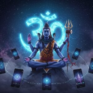 A serene digital artwork showing Lord Shiva in meditation pose, floating in cosmic space, rendered in a modern minimalist style. His four arms hold damaru, trishul, rudraksha mala and abhaya mudra. The background features a large, luminous Om symbol made of swirling blue light and sacred geometry patterns. Multiple smartphones and tablets hover around him, their screens glowing with spiritual apps and streaming meditation music visualizers. Digital mandalas and sacred Sanskrit symbols float ethereally, connected by streams of light forming a cosmic network. The color palette combines deep indigo, electric blue, and cosmic purples with touches of gold. Ethereal smoke and particle effects create depth. Lord Shiva's form radiates divine light, with his matted locks flowing upward defying gravity. The style merges traditional Thanjavur painting techniques with contemporary digital art aesthetics, creating a harmonious blend of ancient and modern elements. Crystal clear digital rendering, cinematic lighting, volumetric fog effects.