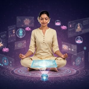 A serene Indian woman in a modern cream-colored silk kurta meditating in lotus position, floating above a luminous digital mandala interface. Her hands rest on a holographic tablet displaying sacred geometric patterns in soft blues and golds. Around her, multiple translucent screens show meditation apps, live-streaming satsangs, and digital prayer beads, all rendered in ethereal pastels. The background features a gradient from deep indigo to soft rose gold, with floating digital lotus flowers that emit gentle pixelated light. Traditional Madhubani-style patterns seamlessly merge with circuit board designs, creating a harmonious blend of ancient and future. Crystal clear meditation orbs orbit around her, each containing different spiritual symbols rendered in glowing neon. The lighting is otherworldly, with soft rays of light emanating from various digital devices, creating a peaceful tech-spiritual atmosphere. The composition includes subtle sacred geometry patterns in the background, and the woman's face shows deep peaceful concentration with a slight smile, her hair styled in a modern yet traditional bun with a small fresh jasmine garland.