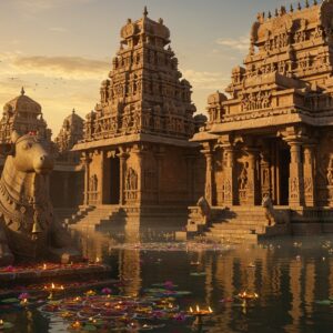 A majestic ancient South Indian temple complex at golden hour, with soaring gopurams adorned with intricate Dravidian sculptures in warm sandstone. The main gopuram rises 7 tiers high with detailed carvings of deities, celestial beings, and mythological scenes in traditional poses. The foreground features a massive stone Nandi statue with ornate jewelry and bells, facing the sanctum. Crystal-clear temple tank reflects the entire scene like a mirror. Ethereal golden light streams through the pillared mandapa, illuminating the sacred geometry patterns on the floor. Multiple stone pillars with yazhi (mythical lion creatures) carvings lead to the inner sanctum. The scene includes floating lotus flowers, burning brass oil lamps, and trails of incense smoke creating a mystical atmosphere. Intricate rangoli patterns made with flower petals adorn the entrance. The color palette focuses on rich golds, deep oranges, and sacred vermillion, with hints of peacock blue in the sky. Photorealistic digital art style with attention to architectural details, textures of ancient stone, and play of light and shadow, merged with traditional Hoysala temple art motifs.
