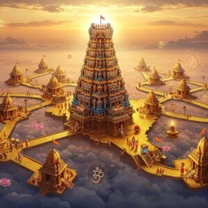 A majestic aerial view of interconnected golden pathways forming the shape of India, each path adorned with miniature Vaishnava temple spires in traditional Dravidian architecture style. The temples emit soft, divine light in shades of saffron and blue. In the center, a photorealistic Lord Vishnu temple gopuram rises prominently, decorated with intricate sculptures and colorful flags. The scene features floating lotus flowers, glowing mandalas, and ethereal mist. Small groups of pilgrims in traditional Indian attire are seen walking along the pathways. The background shows a gradient sky transitioning from dawn to dusk, symbolizing the journey. Sacred symbols like the Namam and Shanku-Chakram appear as translucent, glowing elements floating in the sky. The art style combines hyperrealistic architectural details with mystical elements, rendered in rich colors of gold, deep blue, saffron, and maroon. The overall composition should evoke a sense of spiritual journey and divine guidance, with rays of light streaming through clouds, creating a celestial atmosphere.