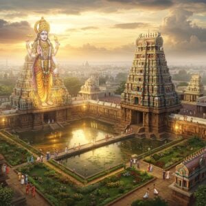 A majestic aerial view of an ancient Vishnu temple complex near Madurai, with its towering gopurams decorated in intricate Dravidian architecture, painted in vibrant colors of gold, saffron, and deep blue. Lord Vishnu appears as a ethereal, translucent figure floating above the temple, depicted with four arms holding the Sankha, Chakra, Gada, and Padma, wearing a golden crown and pitambara vastram. The temple grounds feature a large sacred pushkarini (temple tank) reflecting the golden sunrise, surrounded by blooming lotus flowers. Multiple smaller shrines connected by ornate stone pathways create a mandala pattern when viewed from above. Devotees in traditional South Indian attire are seen circumambulating the temple. The scene is enhanced with divine light rays breaking through monsoon clouds, creating a mystical atmosphere. Modern elements like well-maintained gardens and illuminated pathways blend seamlessly with the ancient architecture. The art style combines hyperrealistic digital rendering with traditional Indian Thanjavur painting elements, featuring extensive use of gold leaf effects and gem-like colors. A soft fog adds depth and mystery to the distant Madurai cityscape.