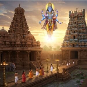 A magnificent aerial view of ancient Dravidian temples with soaring gopurams adorned with intricate sculptures, set against a mystical dawn sky with soft golden rays. The main temple, representing Nachiyar Koil, features traditional South Indian architecture with stepped vimanas in warm terracotta and gold tones. In the foreground, a group of devotees in traditional Tamil attire (men in white veshtis and women in silk sarees) walking on a stone-paved path lined with brass temple lamps. Lord Vishnu appears as a divine manifestation in the sky, depicted with four arms holding Sankha, Chakra, Gada, and Padma, adorned in pitambara vastram and precious jewels, emanating a soft blue aura. The scene includes sacred elements like flowing water bodies, blooming lotus flowers, and temple elephants blessed with vermillion. Intricate Madhubani-style patterns frame the composition, while floating mandalas and celestial flowers add a mystical touch. The lighting combines warm sunrise glow with divine radiance, creating an atmosphere of spiritual awakening. Style: photorealistic digital art with traditional Indian art elements, emphasizing architectural grandeur and divine presence.