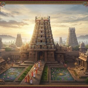 A majestic aerial view of Srirangam temple complex at dawn, with its massive gopurams rising against a ethereal sky filled with soft golden clouds. The main Ranganathaswamy temple dominates the center, its golden vimana gleaming in morning light. Multiple concentric temple walls create intricate geometric patterns. In the foreground, a group of pilgrims in traditional South Indian attire walking on an ancient stone path lined with flowering lotus pools. The surrounding landscape shows smaller temples representing other Divya Desams, connected by spiritual golden threads of light floating in the air. Ornate Dravidian architecture details with mythical creatures and deities carved in stone. The scene features misty mountains in the background with the Kaveri river flowing serenely, its waters reflecting the temples. Traditional Madhubani-style border patterns frame the scene, incorporating peacocks, lotuses, and temple motifs in deep maroon and peacock blue. The lighting is mystical with soft golden rays filtering through the gopurams, creating an atmosphere of divine presence. Ultra-detailed digital art style with photorealistic textures blended with traditional Indian art elements, cinematic lighting, volumetric fog, and architectural precision.
