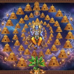 A majestic visualization of Lord Vishnu in his celestial form, seated on Adisesha with four hands holding Sankha, Chakra, Gada, and Padma, surrounded by 108 intricate golden temple spires arranged in a spiral mandala pattern. Each temple spire is uniquely detailed with traditional South Indian Dravidian architecture, featuring ornate gopurams with detailed sculptures. The temples emit a divine golden aura against a cosmic backdrop of deep blue and purple hues. Floating lotuses and divine light particles illuminate the scene. In the foreground, a beautifully detailed sacred tulsi plant with emerald leaves. The entire composition is framed by intricate Madhubani-style borders with peacock motifs and geometric patterns in gold and deep maroon. The art style combines hyperrealistic digital rendering with traditional Indian temple art aesthetics. Ethereal clouds and celestial rings surround the central figure of Vishnu, creating a sense of divine cosmic energy.