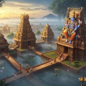 A grand aerial view of an ancient South Indian Vishnu temple complex with soaring gopurams decorated in vibrant gold and saffron, emerging from mystical morning mist. Lord Vishnu appears as a semi-transparent, ethereal form in the center, seated on Adisesha with four arms - holding Sudarshana Chakra (top right), Panchajanya conch (top left), lotus flower (bottom right), and mace (bottom left). The temple architecture features intricate Dravidian details with carved pillars and mandapas. Multiple smaller shrines connected by lamp-lit stone pathways create a sacred geometry pattern when viewed from above. Devotees in traditional attire are seen circumambulating the temples. Soft golden light filters through clouds, creating divine rays. The scene is framed by blooming lotus pools and banyan trees with hanging roots. Modern digital art style with photorealistic textures, enhanced by mystical lighting effects and a color palette of deep blues, rich golds, and warm oranges. Ethereal particles and subtle light orbs float in the air, suggesting divine presence.