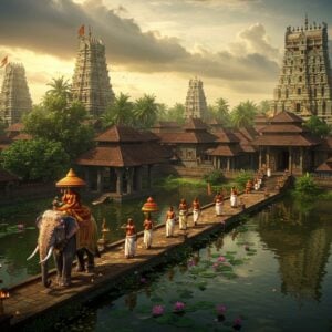 A grand aerial view of an ancient Kerala temple complex surrounded by lush green palm trees and backwaters, with traditional Malayalam-style architecture featuring copper-plated roofs and golden temple flags. In the foreground, a decorated elephant adorned with traditional Kerala temple decorations walks majestically on a stone-paved path. The scene is illuminated by warm golden sunlight breaking through monsoon clouds, creating divine light rays. Multiple temple gopurams with intricate Dravidian architecture rise against the sky, their reflections shimmer in the surrounding waters. Floating lotus flowers and oil lamps dot the water's surface. A group of devotees in traditional Kerala attire (men in white mundus, women in cream and gold kasavu sarees) walk towards the temple entrance. The scene combines photorealistic details with ethereal elements like glowing mandalas in the sky and subtle spiritual auras around the temple spires. The color palette focuses on deep greens, rich golds, earthy browns, and peaceful blues. The artwork style merges traditional Kerala mural art patterns with modern digital aesthetics, incorporating intricate details like peacocks, elephants, and lotus motifs in the temple architecture.