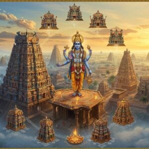 A majestic aerial view of Kumbakonam's temple landscape at golden hour, with towering gopurams emerging from morning mist. In the foreground, a detailed Vimana of a temple with intricate Dravidian architecture in gold and saffron hues. Lord Vishnu standing tall in the center, four-armed, holding Sankha in upper right, Chakra in upper left, Gada in lower right, and lotus in lower left, adorned in rich yellow vastram and precious jewels. Around him, eight smaller temple miniatures arranged in a circular mandala pattern, each emitting a divine glow. Ethereal floating lotus flowers and traditional Tamil kolam patterns connect the temples. The scene features mystical light rays piercing through clouds, illuminating the sacred architecture. The art style combines hyperrealistic architectural details with surreal spiritual elements, featuring deep peacock blues, gold leaf effects, and warm saffron tones. Traditional Pattachitra-style border patterns frame the scene, with subtle modern gradient effects and atmospheric lighting.