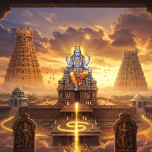 A majestic aerial view of ancient South Indian temples merging into an ethereal landscape, featuring three prominent Divya Desam temples with distinctive Dravidian architecture and towering golden gopurams. Lord Vishnu appears as a divine, translucent figure in the center, seated on Adisesha with four hands holding Sankha, Chakra, Gada, and Padma, emanating a soft blue aura. The temples are connected by flowing streams of golden light forming the pattern of a Sri Vaishnava Namam. The foreground shows detailed stone carvings of the Dashavatara in Madhubani style. Intricately carved temple pillars with traditional motifs frame the scene. The sky features mystical clouds in deep purples and oranges, with floating lotus petals and divine light rays. Small groups of pilgrims in traditional Tamil attire are seen circumambulating the temples. The entire scene is rendered in a blend of photorealistic and divine surreal style, with rich colors of gold, saffron, deep blue, and maroon, incorporating elements of both ancient temple art and modern digital aesthetics. Perspective should be cinematic and grand, emphasizing the architectural magnificence and spiritual atmosphere.