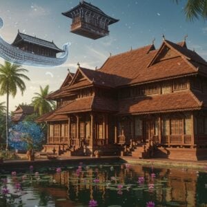 A grand Kerala-style traditional mansion (nalukettu) with sloping terracotta-tiled roofs and intricate wooden carvings, emerging from a digital blueprint hologram that's partially materialized. The architecture features authentic elements like charupadi (sitting area), poomukham (decorated entrance), and detailed wooden pillars with peacock motifs. In the foreground, sacred lotus pond with blooming flowers in soft pastels. The scene is illuminated by both warm golden sunlight and ethereal blue digital light, creating a seamless blend of traditional and futuristic elements. Floating 3D architectural elements show detailed mullioned windows, snake boat-shaped roof endings, and ornate door frames in Madhubani art style. The surrounding landscape includes coconut palms, depicting typical Kerala vegetation. The atmosphere includes subtle particle effects suggesting digital transformation, with traditional Kerala-style mandala patterns floating in the air. The color palette combines deep woods, terracotta reds, and gold with modern electric blues and soft glowing whites. Hyperrealistic digital art style with photographic details of wood textures and traditional Kerala architectural patterns, rendered in 8K quality with volumetric lighting.