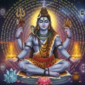 A majestic Lord Shiva in deep meditation, seated in Padmasana on a silver crescent moon against a cosmic backdrop. His four arms display traditional mudras, with upper right holding trishul, upper left holding damaru, lower right in abhaya mudra, and lower left holding sacred texts radiating golden light. His form shows intricate details - matted locks cascading with the holy Ganga, third eye emanating subtle energy, serpent around his neck, tiger skin wrapped around his waist, and rudraksha beads adorning his body. The background features concentric mandalas made of Sanskrit verses flowing in golden light, merging with cosmic nebulas in deep blues and purples. Modern digital effects show sound waves emanating from his aura in saffron and blue hues, representing the sacred chants. Floating crystals and lotus petals surround him, while multiple small ethereal windows showing glimpses of ancient palm leaves and modern devices appear around him, suggesting the transformation of knowledge from ancient to digital form. Render in a style combining traditional Thanjavur painting techniques with contemporary digital art, emphasizing photorealistic details and magical lighting.