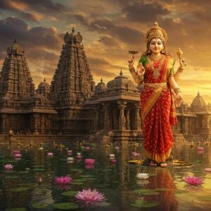 A majestic ancient Dravidian temple complex emerging from a mystical lotus pond, with intricate stone carvings and towering gopurams adorned with traditional sculptures. The central focus is a radiant, divine form of Goddess Manikyamba, depicted as a beautiful Indian woman in a rich red and gold silk saree, adorned with ruby-studded jewelry, emanating a warm, ethereal glow. She holds a golden lotus in her right hand and displays the abhaya mudra with her left. The temple architecture features detailed Kakatiya-style stone work with dancing apsaras and mythological scenes. The foreground shows crystal-clear water reflecting the temple's grandeur, with floating lotus flowers in pink and white. The sky features a dramatic sunset in shades of saffron and deep purple, with subtle mandala patterns forming in the clouds. The scene is enhanced with soft, golden light streams, floating diyas, and delicate smoke from temple incense. Art style combines hyperrealistic architectural details with ethereal, spiritually-inspired elements, creating a seamless blend of historical accuracy and divine mysticism.