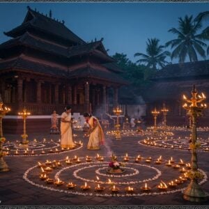 A majestic Kerala temple at dusk with traditional copper vilakku (lamps) arranged in concentric circles, glowing with warm golden flames against a deep blue sky. The temple architecture features intricate wooden carvings and sloped tiled roofs in traditional Kerala style. In the foreground, three Kerala women in cream and gold kasavu sarees perform the ritual lamp lighting ceremony, their faces illuminated by the lamp light. Multiple brass nilavilakku (traditional standing lamps) decorated with fresh jasmine garlands line the temple courtyard. The scene includes delicate smoke trails from the lit lamps creating ethereal patterns in the air. Soft moonlight filtering through coconut palms creates dramatic shadows. The overall composition combines Madhubani-style decorative patterns in the border with photorealistic temple architecture. The color palette focuses on deep blues, warm golds, and rich browns, with the lamps creating points of glowing orange light throughout the scene. The atmosphere captures both the spiritual significance and festive nature of Uthram Vilakku.