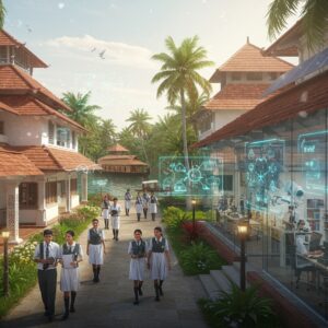 A bustling modern Indian educational campus set in Kollam, featuring a grand traditional Kerala-style architecture building with red-tiled roof and white walls, merged with contemporary glass facades. In the foreground, diverse Indian students in modern uniforms walking through a path lined with coconut trees and traditional lamp posts. The scene includes state-of-the-art facilities visible through glass walls - advanced computer labs, robotics workspace, and a modern library. Floating holographic displays showing scientific formulas and artistic designs hover in the air. The background showcases the iconic Ashtamudi Lake with traditional houseboats, creating a perfect blend of heritage and future. The lighting is warm and optimistic, with golden sunrays filtering through the coconut trees. Small details include traditional Kerala motifs carved on pillars, solar panels on roofs, and students using futuristic tablets. Art style should be hyper-realistic digital art with attention to architectural details, incorporating elements of Madhubani patterns in subtle environmental details. The overall mood is progressive, aspirational, and rooted in cultural heritage.
