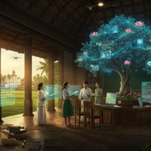 A futuristic classroom set in a traditional Kerala architectural setting with ornate wooden pillars and sloped tiled roof, illuminated by warm golden sunlight streaming through large windows. Young Indian students in modern attire interact with floating holographic displays showing Malayalam and English text. The scene features a blend of traditional elements like brass oil lamps and modern technology like transparent smart boards. A large tree of knowledge dominates one corner, its branches made of flowing data streams in deep blue and gold, with lotus flowers blooming at the terminals. The background shows the iconic Kottayam landscape with church spires and rubber plantations. Small drones carrying books float nearby. The color palette combines deep Kerala greens, traditional gold, and modern electric blues. The lighting is ethereal with soft glows from both natural sunlight and digital displays. The art style merges traditional Madhubani patterns in the architectural details with sleek, modern digital aesthetics. The atmosphere is serene yet vibrant, emphasizing the fusion of heritage and innovation.
