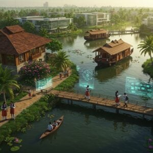 A grand aerial view of Alappuzha's backwaters with modern educational campuses seamlessly integrated into the landscape, featuring contemporary glass and Kerala traditional architecture buildings with sloped terracotta roofs. Students in modern uniforms walking across elegant bridges over serene waterways. The scene includes traditional Kerala houseboats converted into floating digital classrooms. The foreground shows a group of diverse Indian students (aged 16-22) in smart casual attire, holding tablets and books, engaged in discussion near a stylized banyan tree. Soft morning sunlight filters through coconut palms, creating golden reflections on the water. Modern educational technology symbols like holographic displays and solar panels blend with traditional elements. The color palette combines deep greens, backwater blues, and warm golden sunlight. The art style merges hyperrealistic digital art with traditional Kerala mural art patterns in the architectural details. Lotus flowers and water lilies dot the waterways, while modern research laboratories and library buildings are visible in the background. The atmosphere conveys a perfect blend of Kerala's traditional charm with futuristic educational infrastructure.