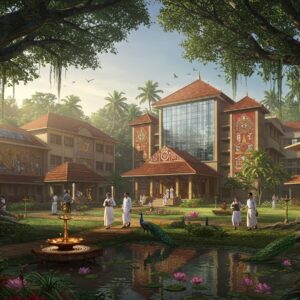 A grand modern educational campus set in lush Kerala landscape with traditional architectural elements, featuring a majestic main building blending contemporary glass facade with traditional Kerala architecture motifs in red and gold. Students in modern uniforms walking through courtyards adorned with intricate Madhubani-style murals depicting education and knowledge symbols. Sacred banyan trees with hanging roots frame the scene, while golden morning light filters through. In the foreground, a decorative lotus pond reflects the buildings. The scene includes modern educational elements like digital displays and solar panels seamlessly integrated with traditional elements like brass lamps and temple-style roofing. Ethereal morning mist adds depth, while peacocks roam the perfectly manicured gardens. The color palette combines deep maroons, forest greens, and modern steel blues with touches of gold. Hyperrealistic digital art style with attention to architectural details and natural lighting, creating an atmosphere of academic excellence and cultural heritage.
