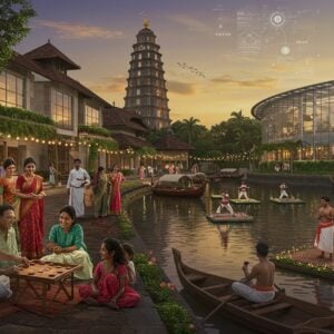 A vibrant street scene in Changanassery at golden hour, featuring a modern interpretation of traditional Kerala architecture with contemporary glass facades and LED lighting. In the foreground, young Indian families in modern casual wear enjoying various activities - some playing traditional board games like pallanguzhi on sleek metal tables, others taking selfies against a stunning backdrop of a modernized temple tower illuminated with subtle lighting. The scene includes a peaceful Kuttanad-style waterfront promenade with eco-friendly boats, string lights reflecting in the water. Small groups of people practicing yoga on floating platforms, while others engage in traditional martial arts training (Kalaripayattu) in a glass-walled modern arena visible in the background. The atmosphere combines the warmth of Kerala's traditional elements with futuristic urban planning, featuring vertical gardens, smart street furniture, and holographic information displays. Art style should blend photorealism with ethereal lighting, incorporating gold and deep purple hues in the sky, with subtle mandala patterns in the architectural details. The scene should radiate both energy and serenity, with soft ambient lighting and gentle motion blur effects.