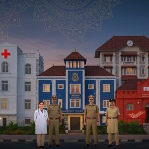 A modern, stylized urban landscape of Changanassery at dusk, featuring three iconic buildings arranged in a triangular composition - a pristine white hospital with a glowing red cross, a royal blue police station with the Kerala Police emblem, and a heritage-style red post office with India Post logo. Each building emanates a warm, welcoming glow. The scene is rendered in a blend of traditional Madhubani art style with contemporary digital aesthetics. The buildings are surrounded by intricate Kerala-style architectural details and modern elements. In the foreground, three Indian professionals (a doctor in white coat, a police officer in khaki uniform, and a postal worker in khaki) stand welcoming with gentle smiles. The sky features a subtle mandala pattern in gold incorporating emergency service symbols. The color palette combines deep blues, warm whites, and Kerala's signature terracotta red. Soft ambient lighting creates a sense of safety and service. The scene is framed by stylized coconut palms and traditional Kerala lamp motifs. Hyperrealistic 3D rendering with attention to architectural details.
