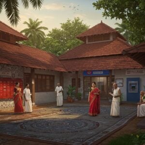 A bustling rural Indian village scene with a traditional Kerala-style building complex featuring red-tiled sloping roofs and white-washed walls, seamlessly blending Madhubani art patterns in the architecture. The central building has three distinct sections connected by covered walkways, each representing essential services - a post office with vintage brass letterboxes, a modern bank with glass doors and an ATM, and a village office with a traditional Kerala-style wooden entrance. Indian villagers in modern and traditional attire (kurtas, sarees, and business casual) interact naturally in the foreground. The scene is illuminated by warm golden sunlight casting intricate shadows through coconut palms. Ornate mandala patterns in deep blues and maroons decorate the walkways. A serene backdrop shows Kerala's lush greenery with banana plants and jackfruit trees. The overall composition has a harmonious mix of traditional elements with modern amenities, rendered in a digital art style with rich, vibrant colors and detailed textures. Soft ethereal lighting highlights key architectural elements, while maintaining a photorealistic quality.