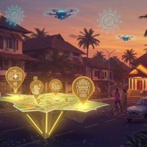 A bustling modern Indian streetscape in Panoor with vibrant traditional Kerala architecture seamlessly blending with contemporary design. In the foreground, a detailed 3D map-like structure floats, emanating soft golden light, highlighting key locations. Essential services represented through intricate Madhubani-style icons: a modern hospital with traditional healing symbols, a tech-enhanced school building with traditional Kerala-style sloped roof, a modern banking facility with classical pillars, and public transport hubs. The scene is illuminated by warm sunset colors - deep orange and purple hues. Decorative mandala patterns in glowing neon blues and greens float above the buildings. Small drones with traditional Kerala motifs painted on them hover in the sky. The streets are lined with smart street lights designed like stylized lotus stems. In the background, coconut trees sway against a gradient sky. The overall composition has a surreal, futuristic feel while maintaining traditional Kerala architectural elements. The scene is rendered in a detailed, modern digital art style with hints of traditional Pattachitra patterns in the details.