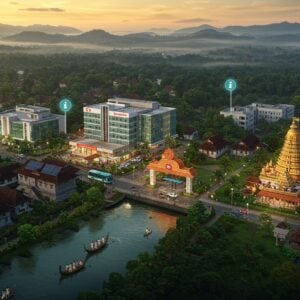 A serene aerial view of Pathanamthitta town at golden hour, showcasing a harmonious blend of traditional Kerala architecture and modern amenities. The iconic Gavi forest in the background with misty mountains, while the foreground features the Sabarimala temple's golden spire peeking through lush greenery. Modern glass-and-steel buildings with solar panels seamlessly integrate with traditional tiled-roof houses. A high-tech medical facility with a distinctive Kerala-style entrance arch stands prominently. Electric buses glide along clean streets lined with smart LED streetlights. Digital information kiosks with touchscreens display local services. The scene is rendered in a style combining traditional Kerala mural art elements with modern digital aesthetics, using a palette of deep forest greens, terracotta reds, and gold accents. Soft glowing halos around key buildings suggest technological advancement. The composition includes flowing water bodies representing the Pamba River, with small boats carrying both pilgrims and locals. The overall mood is progressive yet culturally rooted, with dramatic lighting and atmospheric effects.
