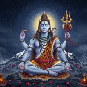 A mesmerizing portrait of Lord Shiva in deep meditation, seated in Padmasana on a silver-moonlit Mount Kailash peak. His four arms displaying the damaru (drum) in upper right hand, trishul (trident) in upper left hand, lower right hand in abhaya mudra, and lower left hand holding rudraksha mala. His serene face illuminated by an ethereal blue aura, with half-closed eyes in divine contemplation. The crescent moon adorning his matted locks glows with celestial light, while the sacred Ganga flows gracefully from his jata. A majestic cobra coiled around his neck, its hood spread protectively. In the background, intricate mandalas in deep indigo and gold float like cosmic wheels, merging traditional Madhubani patterns with modern sacred geometry. The scene is bathed in a mystical combination of cool moonlight and warm golden hues. Wisps of fragrant incense smoke form delicate patterns in the air, while scattered lotus petals float ethereally. The overall composition blends photorealistic detail with surreal, spiritual elements, creating a sense of divine transcendence.