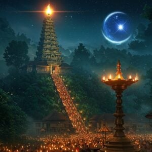 An ethereal night scene of Sabarimala temple perched on a misty hilltop, illuminated by the sacred Makaravilakku flame glowing brilliantly against the dark sky. The temple architecture is intricately detailed with traditional Kerala style elements, golden spires, and carved wooden structures. In the foreground, hundreds of devotees in black attire hold glowing oil lamps, creating a sea of golden lights ascending the 18 sacred steps. The mystical Makara star shines prominently in the night sky, casting a divine blue-white glow. Surrounding forest is depicted in deep emerald greens with floating golden particles. The scene features soft atmospheric fog, creating a dreamlike quality. The lighting focuses on three elements: the bright golden Makaravilakku flame, the celestial blue Makara star, and the warm orange glow from devotees' lamps. Art style combines hyperrealistic digital rendering with traditional Kerala mural art elements, emphasizing the spiritual ambiance through ethereal lighting and mystic atmosphere. The composition should show scale and grandeur while maintaining sacred reverence.