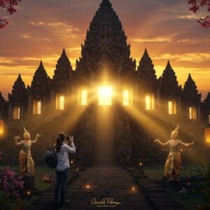 A majestic Khmer-style Hindu temple silhouetted against a dramatic sunrise, with golden sunbeams perfectly aligned through its 15 doorways, creating a mystical light tunnel effect. The temple sits atop a dormant volcano, surrounded by lush Thai vegetation and blooming frangipani trees. In the foreground, a young Indian woman in a contemporary outfit with a professional camera captures the moment, while traditional Thai dancers in gleaming gold costumes perform nearby. The scene features floating lotus lanterns, with gentle smoke trails creating ethereal patterns in the air. The architectural details show intricate sandstone carvings of Shiva and various Hindu deities, with the main prang tower reaching skyward. The lighting is warm and golden, with subtle morning mist adding depth. The style combines photorealistic architecture with magical surreal elements, incorporating both Madhubani patterns in the sky and modern digital art techniques. Rich colors of dawn - deep oranges, purples, and gold dominate the scene, with detailed stone textures and atmospheric light rays.