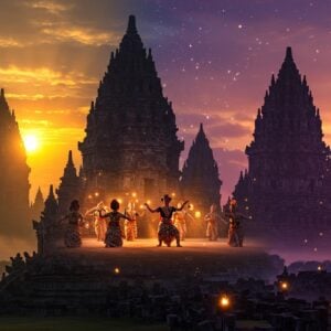 A majestic view of Prambanan Temple complex at twilight, featuring three distinct moments merged seamlessly: On the left, the golden sunrise illuminates the temple spires with warm orange rays breaking through misty morning clouds; in the center, a dramatic scene from Ramayana Ballet with performers in elaborate traditional Indonesian costumes, their silhouettes gracefully posed against a glowing backdrop; on the right, a deep purple-orange sunset bathes the temple towers in ethereal light. The temple architecture is intricately detailed with authentic Hindu carvings and reliefs. The scene incorporates mystical elements with floating lotus flowers, subtle mandalas in the sky, and ethereal light particles. The lighting creates a magical atmosphere with deep purples, rich golds, and warm oranges. The style combines hyperrealistic architectural details with a dreamy, surreal quality, featuring cultural motifs and patterns inspired by both Indonesian and Indian art. The composition draws the eye through all three scenes, creating a sense of time flowing across the image. Cinematic lighting, 8k resolution, detailed texturing, atmospheric depth.