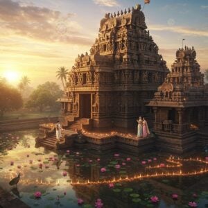 A majestic aerial view of Tiruvelukkai temple during sunrise, with golden rays illuminating its ornate Dravidian architecture gopuram adorned with intricate sculptures. The temple's reflection shimmers in a sacred pond filled with pink lotus flowers. In the foreground, a young Indian couple in modern traditional attire (man in white kurta, woman in pastel silk saree) performing pradakshina around the temple. The scene is enhanced with ethereal elements: floating diyas creating trails of light, translucent mandalas in the sky, and peacocks near the temple steps. The color palette combines deep temple browns and golds with serene morning blues and soft pinks. Multiple levels of the temple are visible, showing detailed stone carvings and ancient Tamil inscriptions. Swaying palm trees frame the scene, while subtle morning mist adds mystical atmosphere. The art style merges hyperrealistic architectural details with Pattachitra-inspired decorative elements, creating a seamless blend of ancient and contemporary spiritual aesthetics. Soft lens flares and volumetric lighting enhance the divine atmosphere.