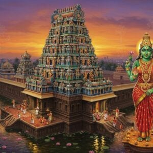 A majestic aerial view of the Meenakshi Amman Temple at twilight, with its colorful gopurams illuminated in golden light against a deep purple-orange sky. The main gopuram features intricate, detailed Dravidian architecture with hundreds of adorned sculptures in vibrant colors. In the foreground, Goddess Meenakshi stands elegantly in her emerald green form, wearing a traditional red and gold silk saree with intricate temple jewelry, holding a parrot in her lower right hand, while her upper hands hold a lotus flower and a mudra of blessing. The scene is surrounded by floating lotus flowers, with sacred temple tanks reflecting the golden light. Devotees in traditional attire are shown performing pradakshina around the temple with lit oil lamps. The art style combines hyperrealistic architectural details with ethereal, spiritual elements, featuring a color palette of deep emerald green, royal gold, rich maroon, and peaceful blues. Subtle mandala patterns and sacred geometry elements float in the background, creating a mystical atmosphere. The lighting creates a divine glow around the temple structure, emphasizing its spiritual significance.