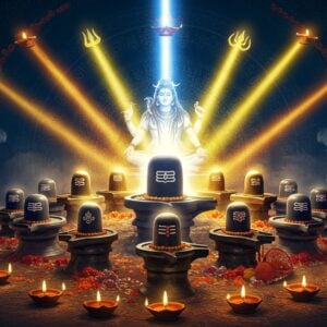 A mesmerizing scene featuring all 12 Jyotirlingas arranged in a circular mandala formation, each emitting powerful beams of divine light in different shades (blue, gold, silver). At the center, a hyperrealistic crystal Shiva Lingam radiates intense white light, with sacred water trickling down its surface. Lord Shiva appears ethereally behind the central lingam in meditation pose, with four arms, holding damaru, trishul, rudraksha mala, and abhaya mudra. The background features intricate Madhubani-style patterns in deep indigo and gold, with floating rudraksha beads and vibhuti particles. Sacred Sanskrit symbols and yantra patterns float in a spiral around the composition. The scene is illuminated by multiple oil lamps creating a warm, golden glow. Mystical smoke wisps form sacred geometric patterns. The color palette focuses on deep blues, burnished golds, and earthy browns with accents of saffron and silver. The art style combines photorealistic elements with traditional Indian artistic motifs, creating a modern spiritual aesthetic. The overall composition suggests divine energy and transcendental power.