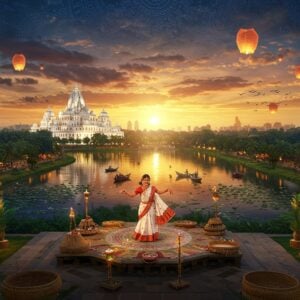 A stunning aerial view of Agartala's cityscape at golden hour, featuring the iconic Ujjayanta Palace in white and gold illuminated with soft lights, surrounded by serene lakes reflecting the sunset. In the foreground, a beautifully detailed traditional Bengali woman in a red-bordered white saree performs the Hojagiri dance on a raised platform decorated with bamboo crafts and rattan work. The background showcases modern glass buildings seamlessly blending with ancient architecture, lotus-filled ponds, and palm trees. The sky features mystical patterns inspired by Tripura tribal art in deep indigo and gold. Orange-pink clouds create a dreamlike atmosphere, while floating paper lanterns add a contemporary touch. The scene includes subtle details of local elements like pineapple gardens, orange orchards, and traditional bamboo handicrafts. The art style combines hyperrealistic digital rendering with traditional Indian Madhubani patterns, featuring a rich color palette of royal blue, gold, saffron, and emerald green. Soft ethereal lighting bathes the entire scene, creating a magical yet modern atmosphere.