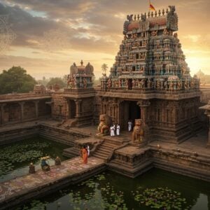 A majestic aerial view of an ancient South Indian temple complex with distinctive Dravidian architecture, featuring an ornate 80-foot gopuram decorated with intricate carvings in gold and terracotta tones. The temple's main shrine showcases Lord Vishnu in his eight-armed form, radiating divine golden light. The foreground displays a serene temple tank with blooming lotus flowers, bordered by granite steps. Traditional Tamil kolam patterns adorn the pathways. The scene is captured during sunrise, with soft golden rays illuminating the temple's stone walls, creating dramatic shadows. Devotees in traditional attire are seen circumambulating the temple. Intricate mandala patterns float in the sky, merging traditional Pattachitra art style with modern digital elements. The color palette focuses on deep maroons, peacock blues, and burnished gold, with hints of saffron. Sacred temple elephants adorned with ornate decorations stand near the entrance. Hyper-detailed architectural elements showcase the temple's sculptural marvels, including the iconic lion pillars and carved mythological scenes.
