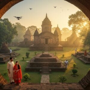A majestic aerial view of Comilla's Shalban Vihara Buddhist monastery ruins at golden hour, with intricate Pattachitra-style border patterns framing the scene. The ancient brick structures cast long shadows across meticulously manicured gardens. In the foreground, a young Indian couple in modern fusion wear (him in a contemporary kurta, her in a designer salwar kameez) explore the site, their expressions filled with wonder. Traditional Bengali terracotta temples peek through morning mist in the background, while a modern drone camera hovers discretely capturing footage. The scene features detailed architectural elements with Buddhist motifs, prayer flags gently swaying in the breeze, and local artisans demonstrating traditional crafts nearby. The lighting is warm and ethereal, with soft sun rays filtering through ancient banyan trees. Intricate Madhubani-style patterns depicting local folklore weave through the composition. The color palette combines deep terracotta reds, ancient stone greys, with touches of gold and saffron. Modern tourists with cameras and smartphones blend seamlessly with traditional elements, symbolizing the fusion of past and present. Hyperrealistic digital art style with a dreamy, cinematic quality.