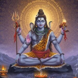 A majestic Lord Shiva seated in Padmasana on Mount Kailash, rendered in a fusion of traditional Madhubani and modern digital art style. His four arms hold specific items - upper right hand holds the Trishul, upper left hand holds Damaru, lower right hand in Abhaya mudra, and lower left hand holds a sacred text glowing with divine light. His form is serene with ash-covered skin, tiger skin wrap, and the crescent moon in his matted locks. Three streams of the Ganges flow from his hair. Around him, multiple translucent, ethereal versions of the same pose fade into each other, each slightly different in color palette (deep blues, cosmic purples, and celestial whites), representing different interpretations of the Chalisa. The background features intricate mandala patterns in gold and saffron, with Sanskrit verses floating as golden light particles. A large cobra coils protectively around his neck, and a soft blue glow emanates from his third eye. The scene is framed by stylized lotus flowers and geometric patterns inspired by Hindu temple architecture, with a dreamy, misty atmosphere and subtle hints of incense smoke swirling in the air. Hyperrealistic details in his meditation beads and ornaments, with a modern digital art finish.